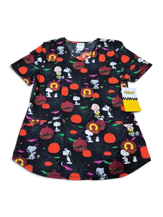 Peanuts Tops - Womens V-Neck Scrub Top Peanuts Charlie Brown Spooky Snoopy Halloween Size S-3XL